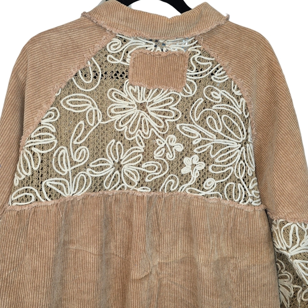 POL Tan Corduroy Button-Down Shirt with Cream Lace Detail - Picture 10 of 16